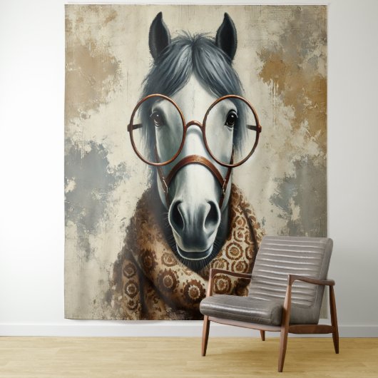 Stilftiges Pferd mit Brille - Vintage Kunst Wandteppich (Beispiel)