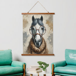 Stilftiges Pferd mit Brille - Vintage Kunst Wandteppich Mit Holzrahmen