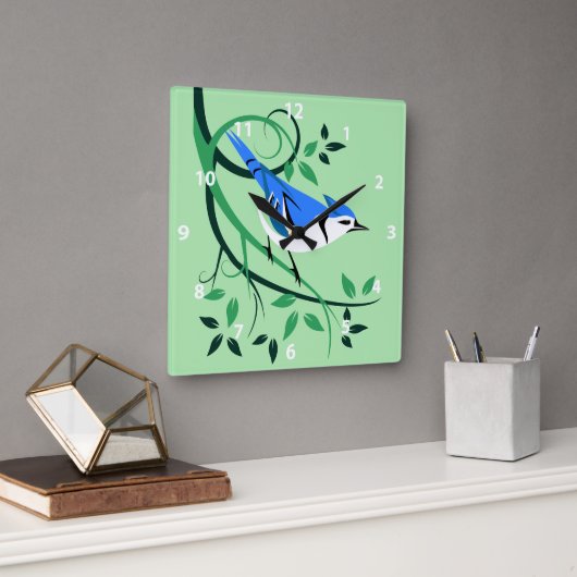 Stilisierte Bird Art Blue Jay Quadratische Wanduhr (Büro)