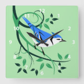 Stilisierte Bird Art Blue Jay Quadratische Wanduhr (Vorderseite)