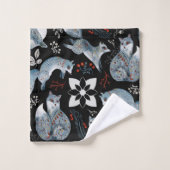 Stilisierte blaue Füchse mit aufwendigen floralen  Badhandtuch Set (Waschlappen)