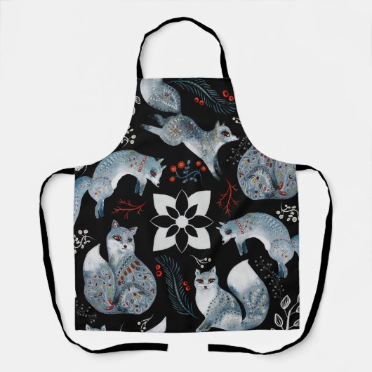 Stilisierte blaue Füchse mit aufwendigen floralen  Schürze (Vorderseite)