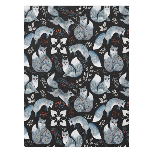 Stilisierte blaue Füchse mit aufwendigen floralen  Tischdecke (Vorderseite)