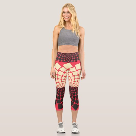 Stilisierte Blume: Schwarzes Rotes Elfenbein Capri Leggings (Vorderseite)