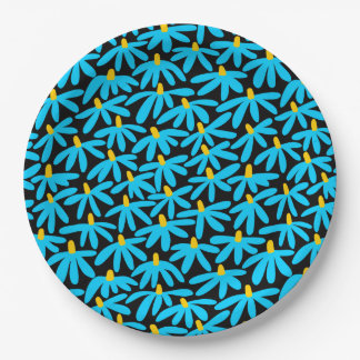 Stilisierte Blume - Sky Blue und Amber auf Black Pappteller