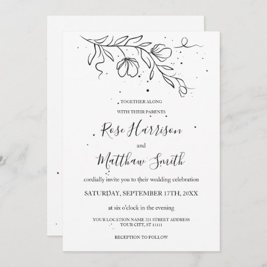 Stilisierte Blumenzweig und Farbtropfen Einladung (Vorne/Hinten)