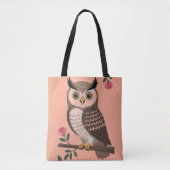 Stilisierte braune Eule auf einem Ast mit rosa Blü Tasche (Vorderseite)