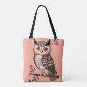 Stilisierte braune Eule auf einem Ast mit rosa Blü Tasche (Rückseite)