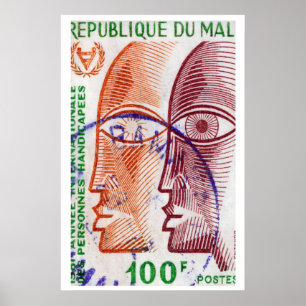 Stilisierte Gesichter Mali 1980er Briefmarke - Vin Poster