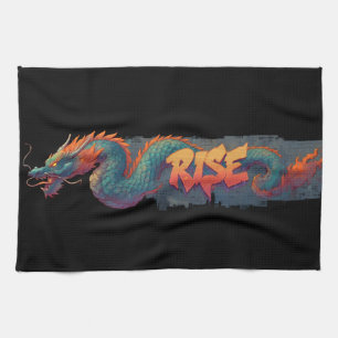 Stilisierte Graffiti Dragon Mural mit Bold 'RISE' Geschirrtuch