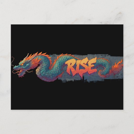 Stilisierte Graffiti Dragon Mural mit Bold 'RISE' Postkarte (Vorderseite)