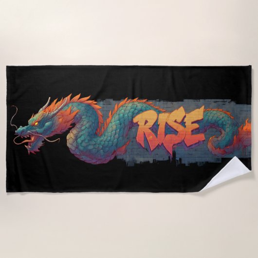 Stilisierte Graffiti Dragon Mural mit Bold 'RISE' Strandtuch (Vorderseite)