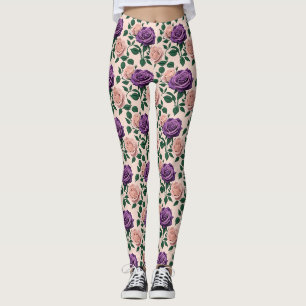 Stilisierte lila Rosen mit grünen Akzenten Leggings