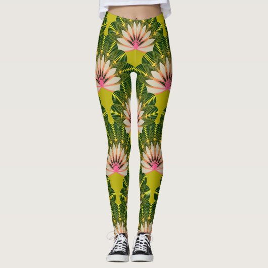 Stilisierte Lotustapete: rosa, grün. Leggings (Vorderseite)