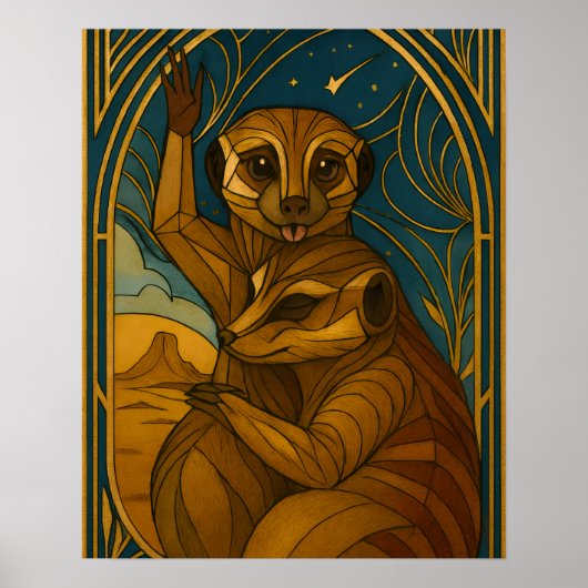 Stilisierte Meerkat Pair Under Starry Sky Poster (Vorne)