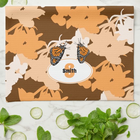Stilisierte Monarch Butterfly Name Orange Geschirrtuch (Gefaltet)