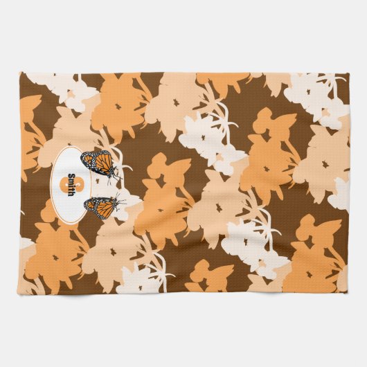 Stilisierte Monarch Butterfly Name Orange Geschirrtuch (Horizontal)