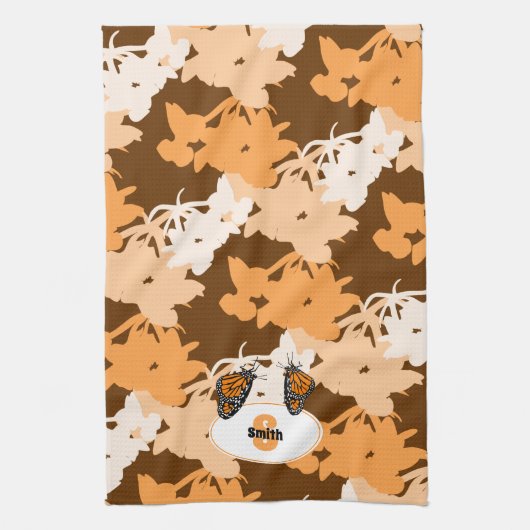 Stilisierte Monarch Butterfly Name Orange Geschirrtuch (Vertikal)
