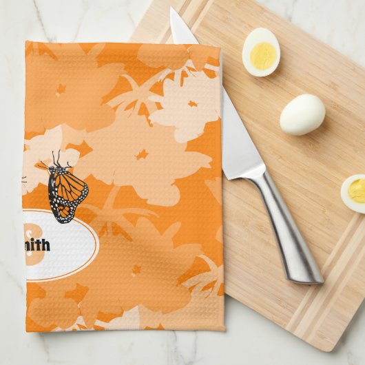 Stilisierte Monarch Butterfly Pair Name Orange Geschirrtuch (Viertel Falte)