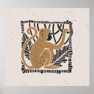 Stilisierte Monkey Linocut Illustration Poster