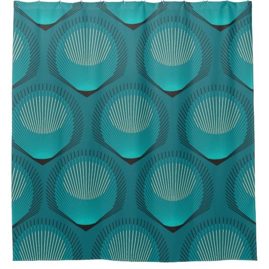Stilisierte Peacock Feathers Blue Tile Duschvorhang (Vorderseite)