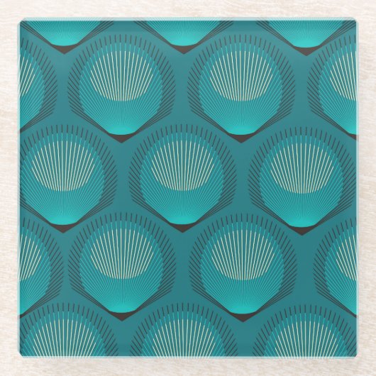 Stilisierte Peacock Feathers Blue Tile Glasuntersetzer (Vorderseite)