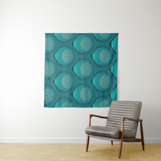 Stilisierte Peacock Feathers Blue Tile Wandteppich (Beispiel (Horizontal))