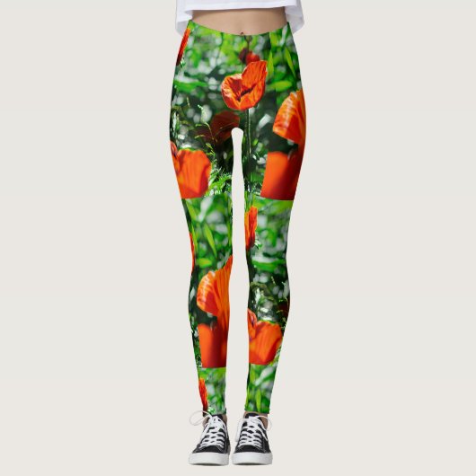 Stilisierte Red Poppy Blume Garden Pattern Leggings (Vorderseite)