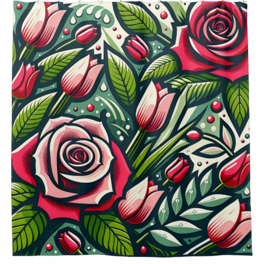 "Stilisierte Rote Rosen mit Dewdrops" Duschvorhang (Vorderseite)