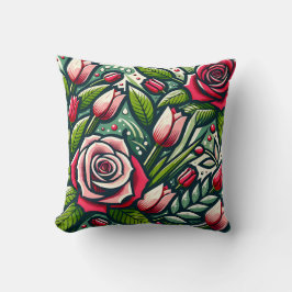 "Stilisierte Rote Rosen mit Dewdrops" Kissen