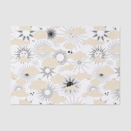 Stilisierte schwarze Sonnen hinter texturierten Br Seidenpapier (Vorderseite)