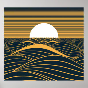Stilisierte Sonne-Mond, dunkle Meeresdarstellung. Poster
