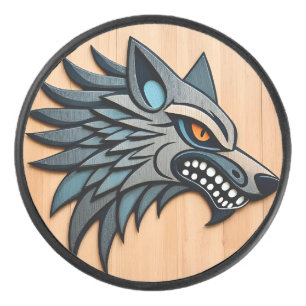 Stilisierte Stammeswolfkunst mit orangen Augen Eishockey Puck