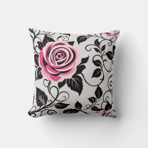Stilisierte Vintage-Rosa- und schwarze Rosen Kissen