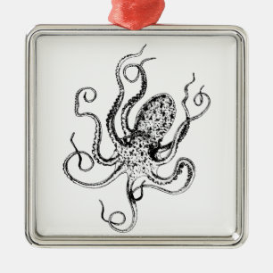 Stilisierte Vintage-Zeichnung eines Oktopus #1 Silbernes Ornament