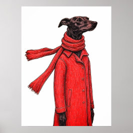 Stilisierte Windhundzeichnung mit rotem Vintage-Ma Poster