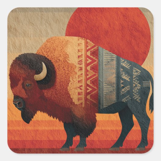 Stilisierter Bison mit indianischen Mustern Quadratischer Aufkleber (Vorderseite)