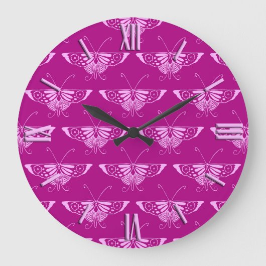 Stilisierter Deko-Schmetterling - Magenta und Rosa Große Wanduhr (Vorderseite)