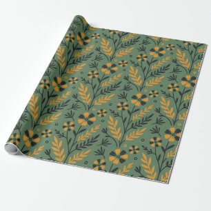 Stilisiertes botanisches orange-schwarzes Blumenmu Geschenkpapier