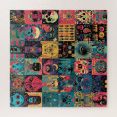Stilisiertes Patchwork aus Totenköpfen und Köpfen Puzzle (Horizontal)