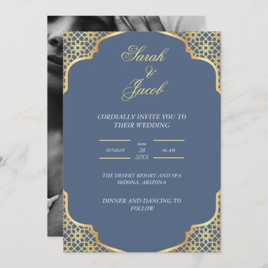 stilistische Hochzeit in Blau und Weiß Einladung (Vorne/Hinten)