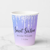 stilistische, süße 16 lila silbertropfende Glitzer Pappbecher (Vorderseite)