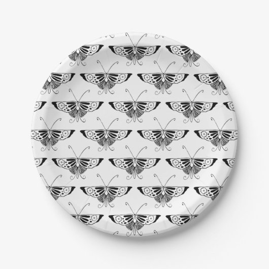 Stilistischer Art-Deco-Schmetterling - schwarz-wei Pappteller (Vorderseite)