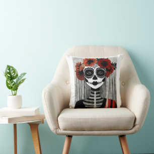 Stilistisches La Catrina Kissen: schwarz, rot und Kissen