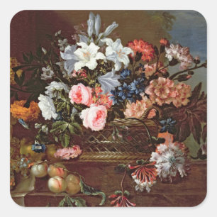 Still Life of Flowers in a Basket Quadratischer Aufkleber
