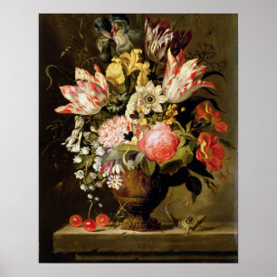 Still Life of Flowers in a Vase with a Lizard Poster
