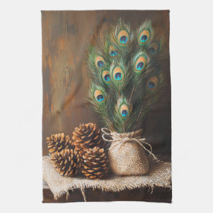 Still Life Peacock Feathones Pinecones Geschirrtuch