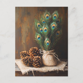 Still Life Peacock Feathones Pinecones Postkarte