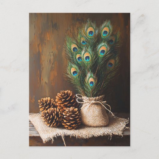 Still Life Peacock Feathones Pinecones Postkarte (Vorderseite)
