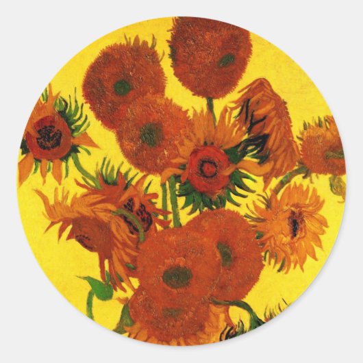 Still Life Vase w 15 Sonnenblumen Vincent van Gogh Runder Aufkleber (Vorderseite)